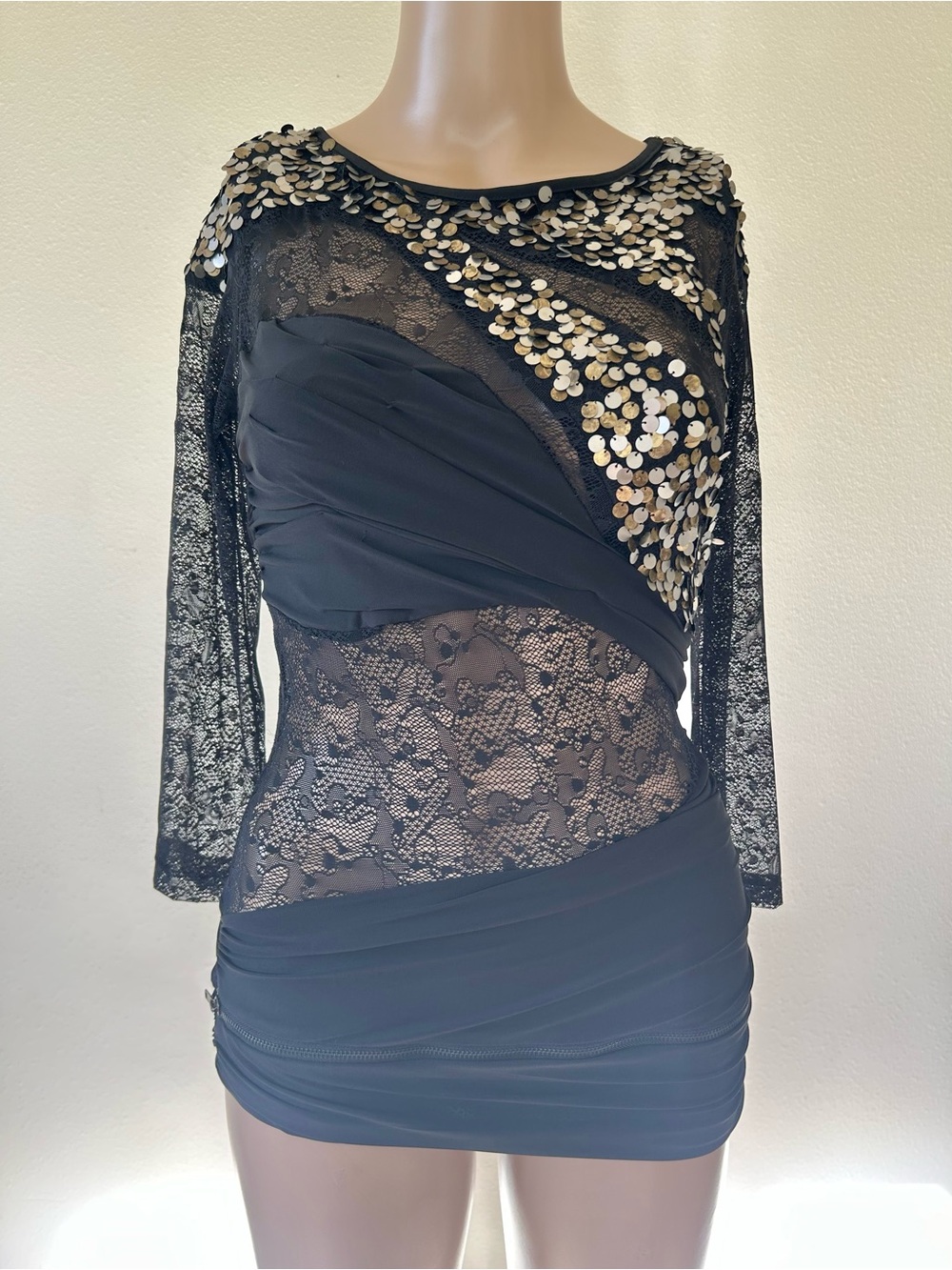 bebe Black Lace & Gold Sequin Long Sleeve Cocktail Top